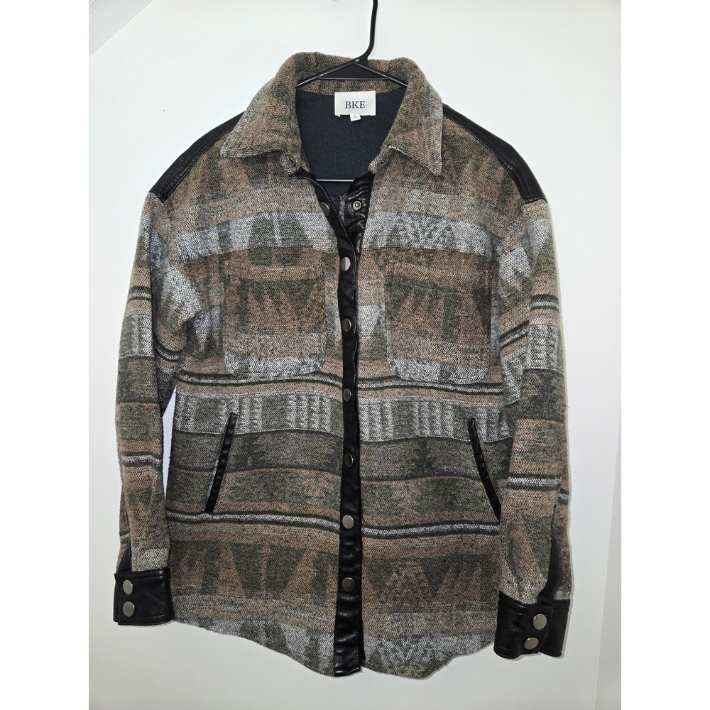 BKE Southwestern Tribal Print Shacket Faux Leather Trim Snap Front Jacket Small